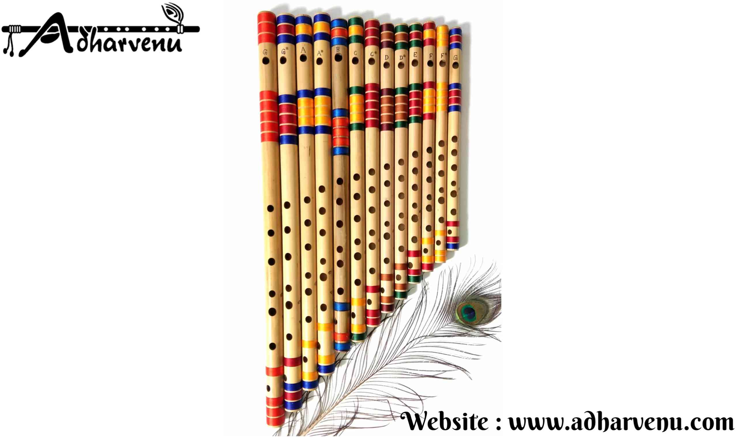 13 Indian Bamboo Flutes Set (G Natural Base to G Natural Small)